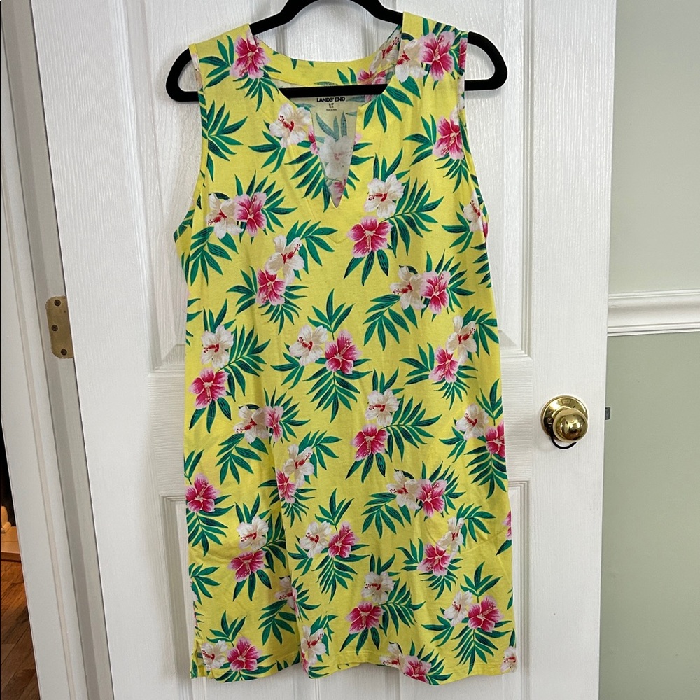 Lands' End Yellow Dress with Pink and Green Floral Pattern.  LP 14-16